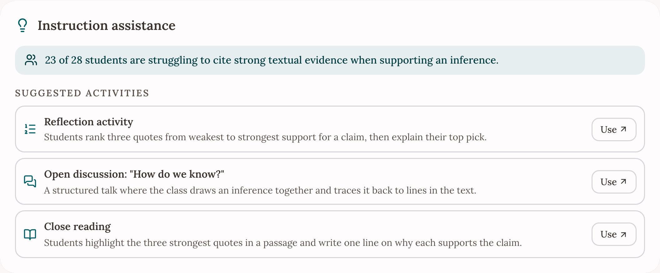 Instruction assistance preview with generated classroom activities