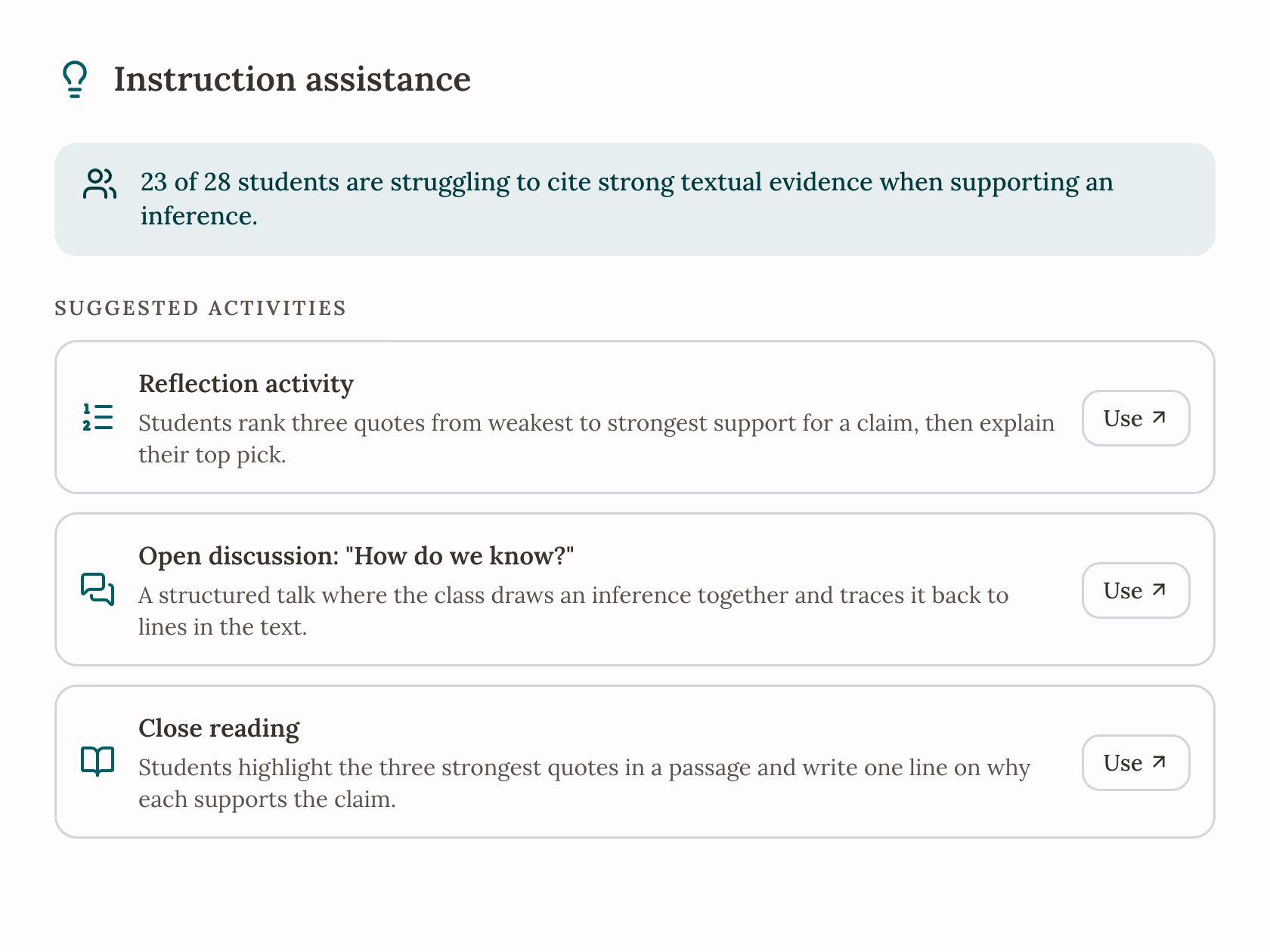 Instruction assistance preview with generated classroom activities