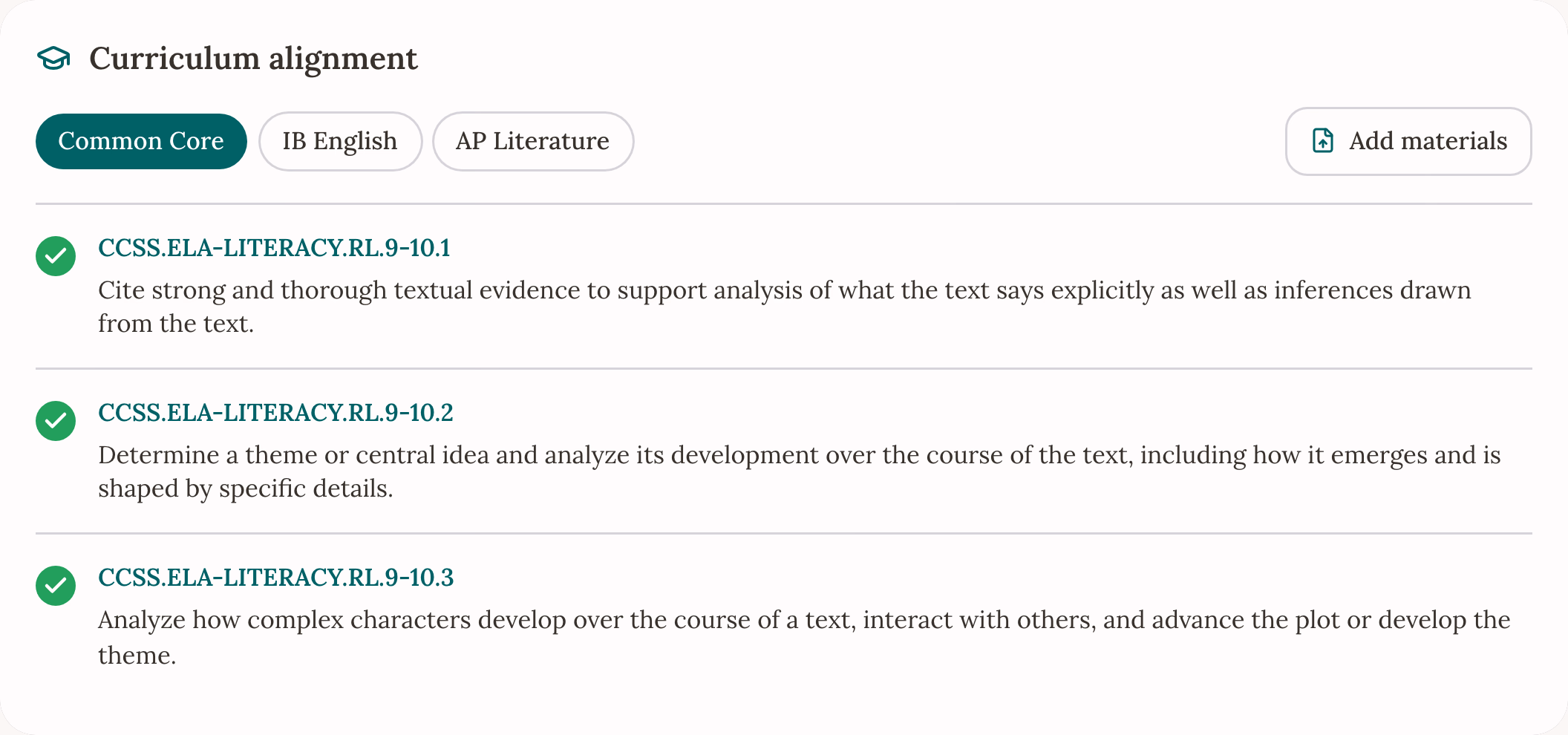 Standards picker preview linked to curriculum frameworks