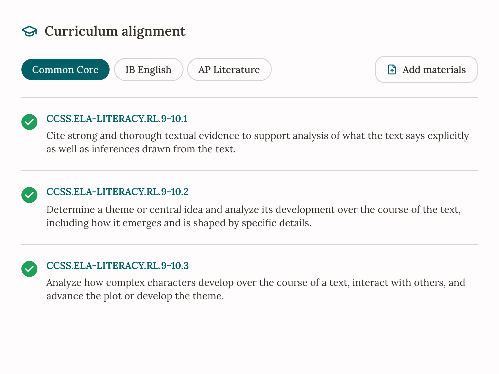 Standards picker preview linked to curriculum frameworks